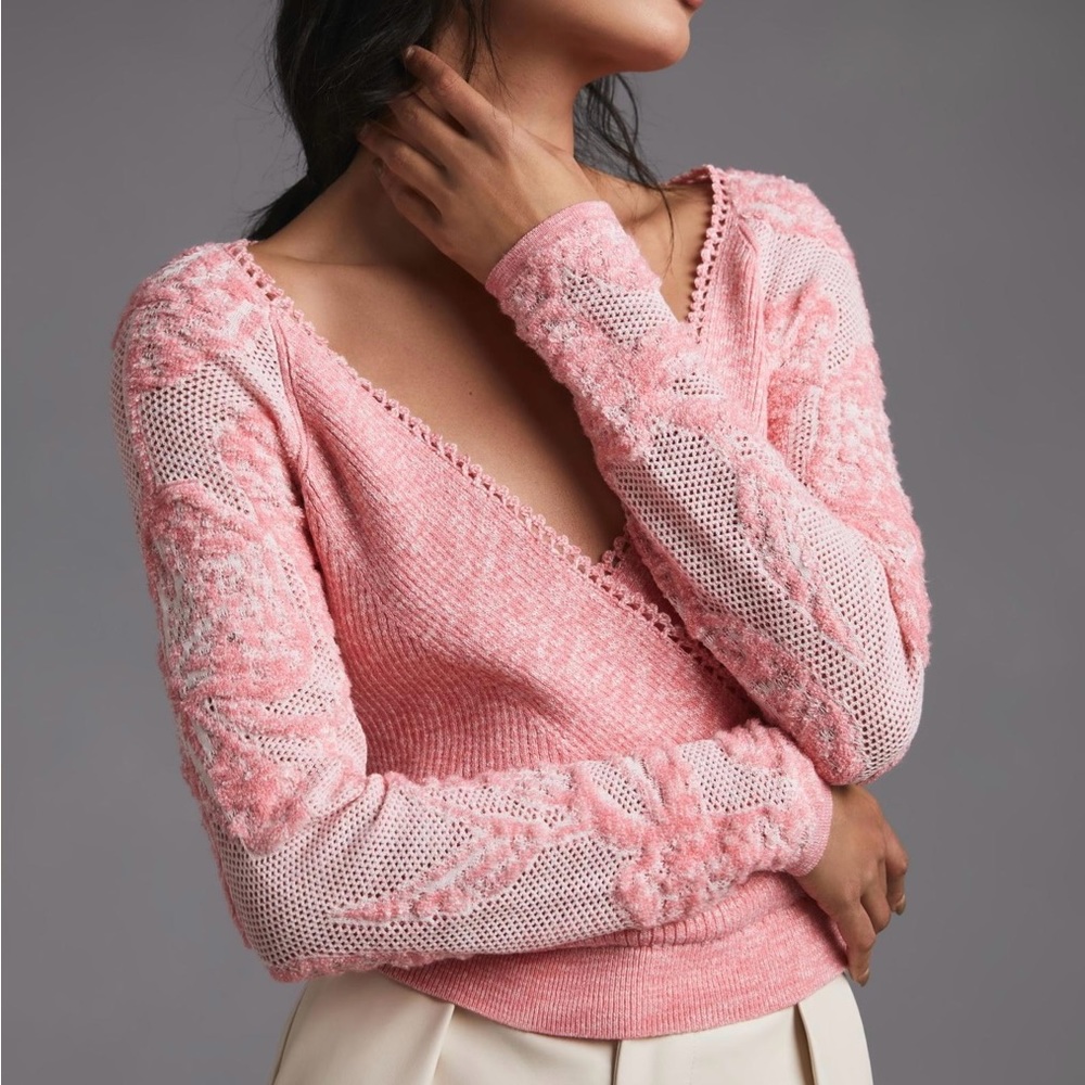 Anthropologie XS pink faux-wrap sweater with mesh embroidered sleeves